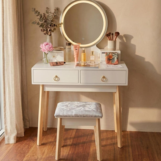 Dressing Vanity Table Stool Set with LED Lighted Makeup Mirror – White