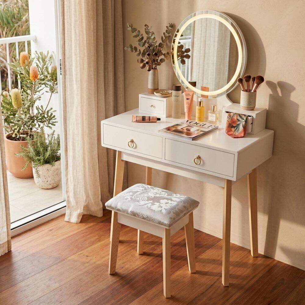Dressing Vanity Table Stool Set with LED Lighted Makeup Mirror – White