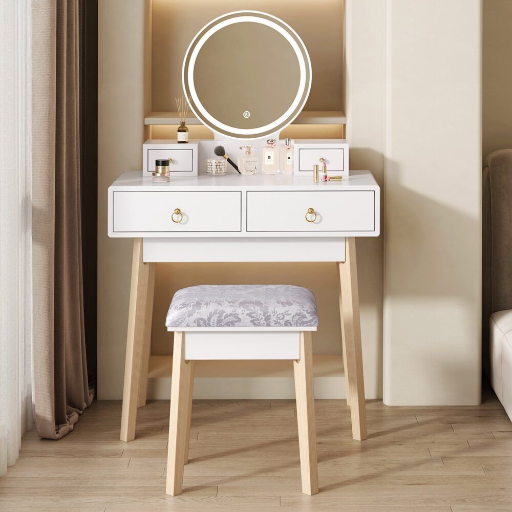 Dressing Vanity Table Stool Set with LED Lighted Makeup Mirror – White