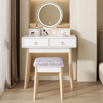 Dressing Vanity Table Stool Set with LED Lighted Makeup Mirror – White