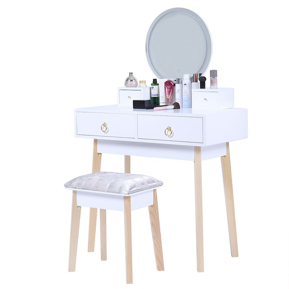 Dressing Vanity Table Stool Set with LED Lighted Makeup Mirror – White