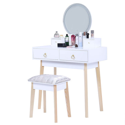 Dressing Vanity Table Stool Set with LED Lighted Makeup Mirror – White