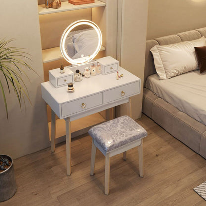 Dressing Vanity Table Stool Set with LED Lighted Makeup Mirror – White