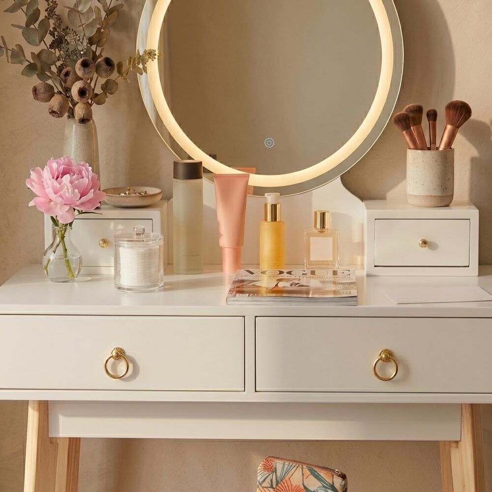 Dressing Vanity Table Stool Set with LED Lighted Makeup Mirror – White