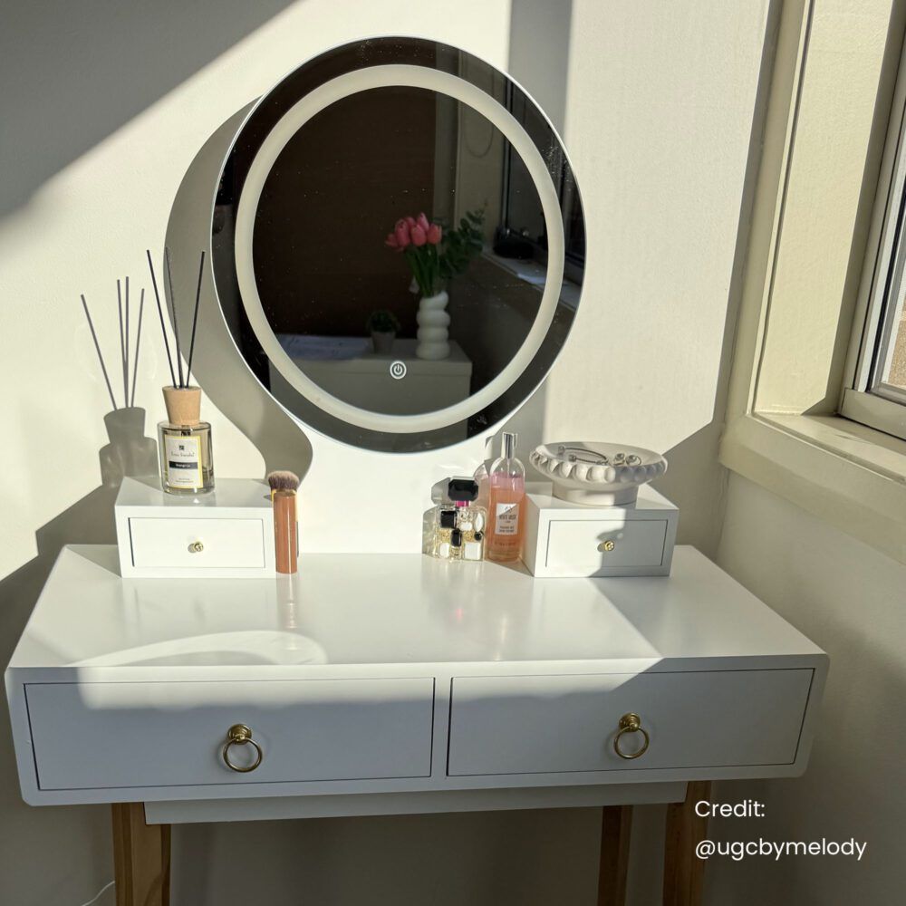 Dressing Vanity Table Stool Set with LED Lighted Makeup Mirror – White