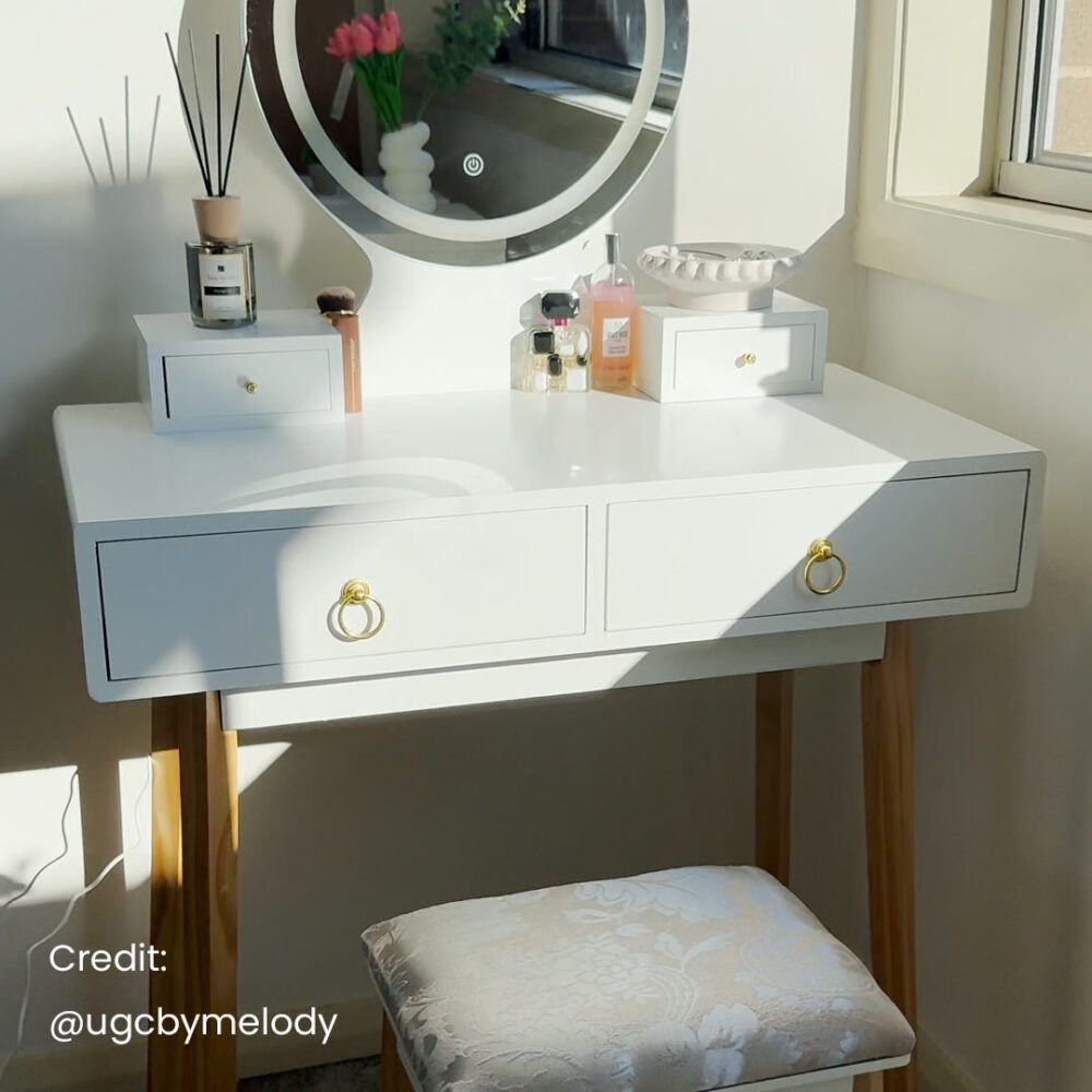 Dressing Vanity Table Stool Set with LED Lighted Makeup Mirror – White
