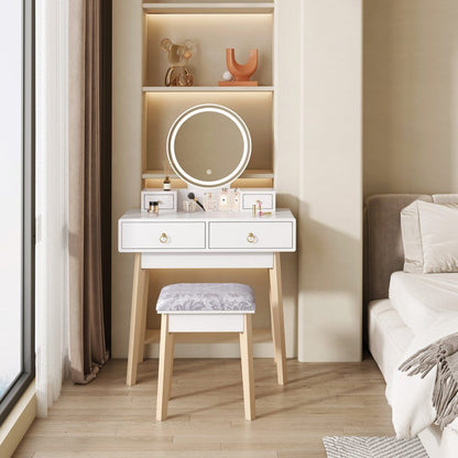 Dressing Vanity Table Stool Set with LED Lighted Makeup Mirror – White