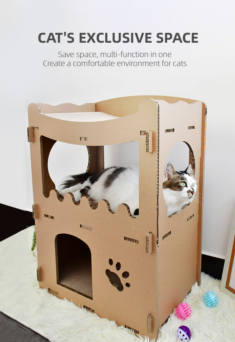 Double-Storey Cardboard Cat House Tower – Condo, Scratcher & Pet Furniture