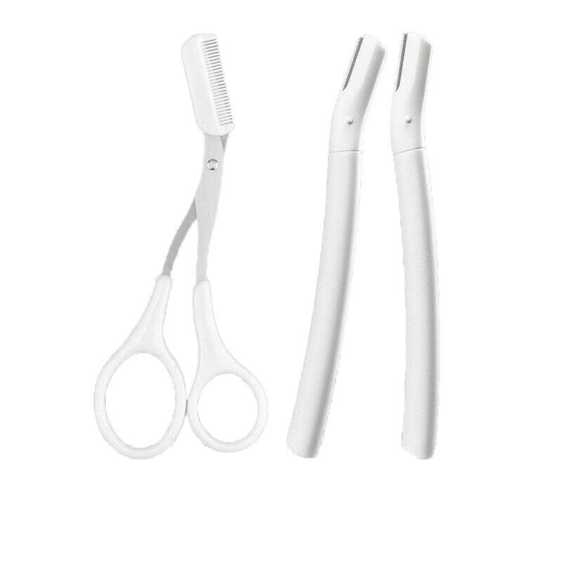 3Pcs Eyebrow Razor Set Facial Trimmer Shaver Blade Hair Remover Beauty Tool - 2X Eyebrow Razor+Scissor-White