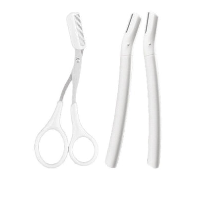 3Pcs Eyebrow Razor Set Facial Trimmer Shaver Blade Hair Remover Beauty Tool - 2X Eyebrow Razor+Scissor-White