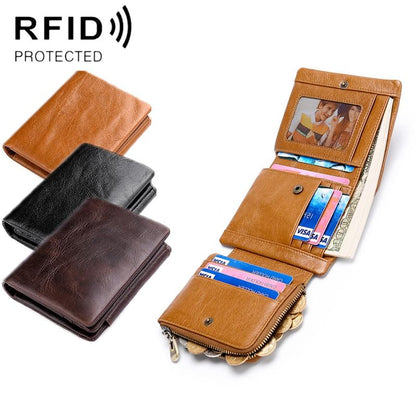 Men Rfid Leather Tri-fold Wallet - Genuine Leather - Black