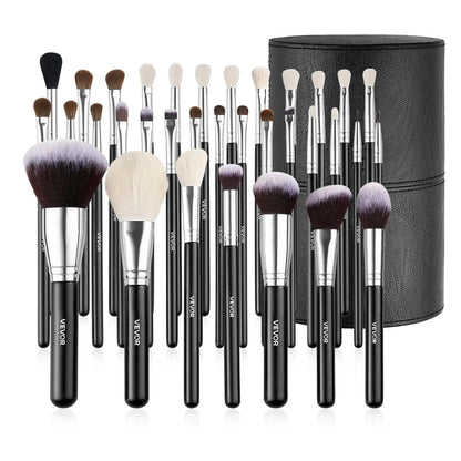 34-Piece Makeup Brush Set with Wooden Handles & Travel Case