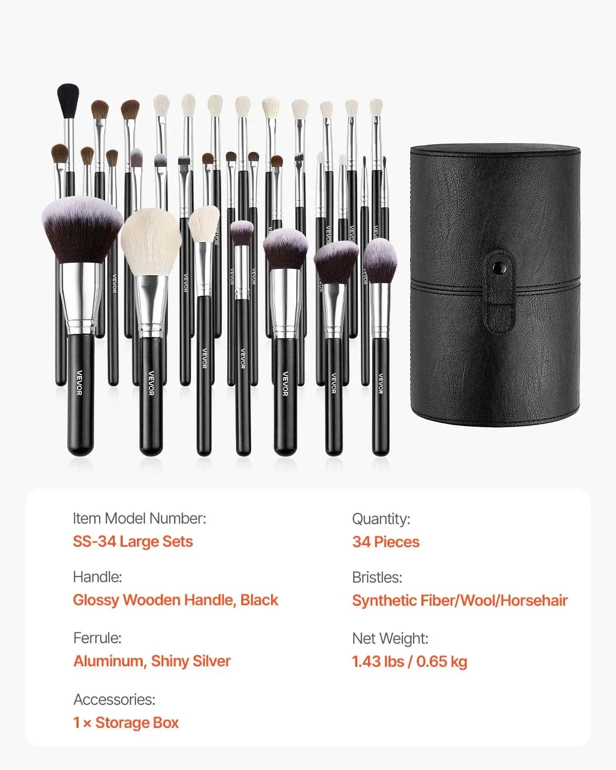 34-Piece Makeup Brush Set with Wooden Handles & Travel Case