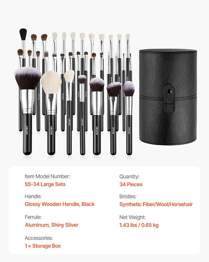 34-Piece Makeup Brush Set with Wooden Handles & Travel Case