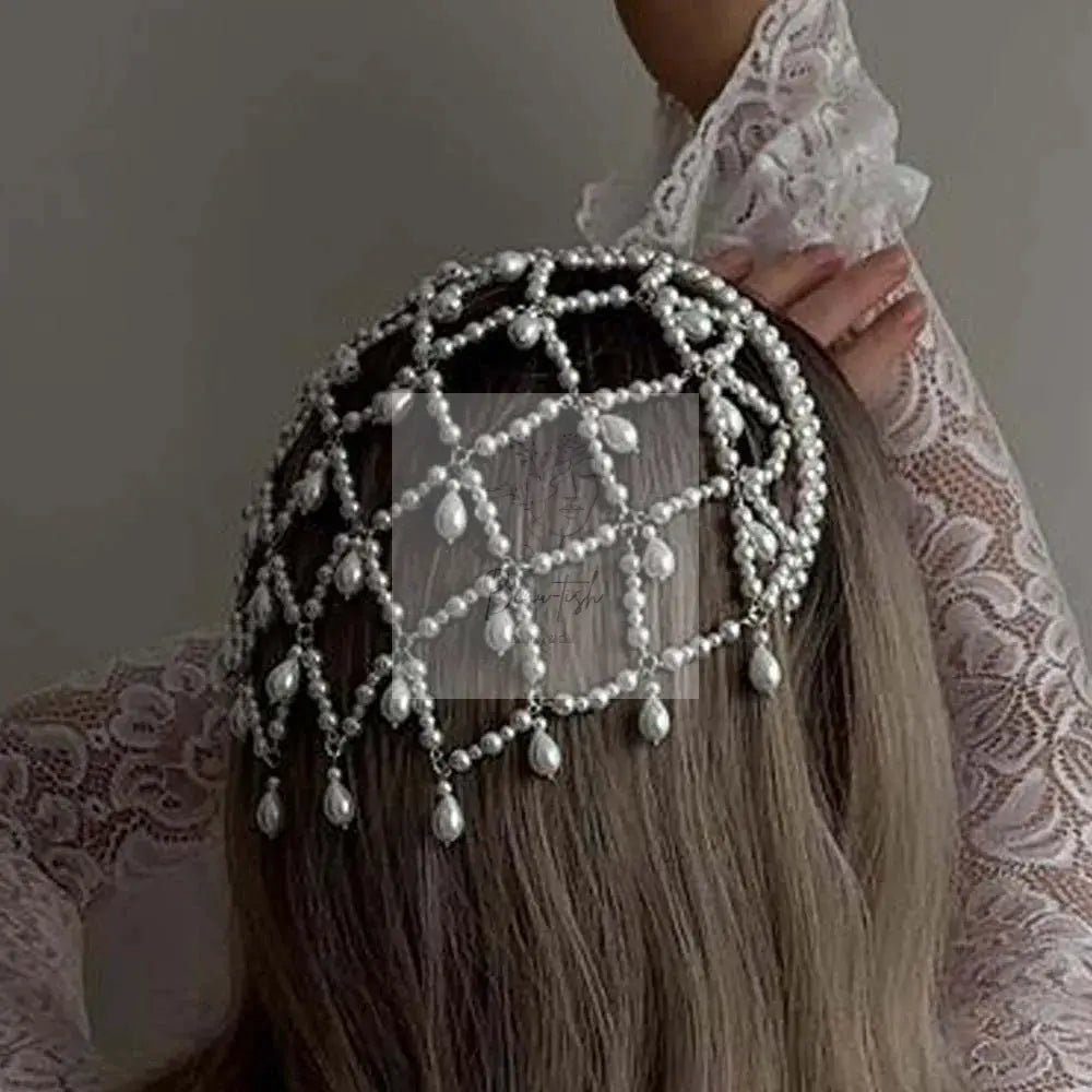 Silver Bohemian Pearl Net Headband – Vintage Mesh Hair Accessory - Beau-tish Beau-tish