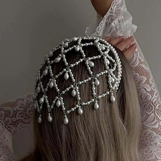 Silver Bohemian Pearl Net Headband – Vintage Mesh Hair Accessory