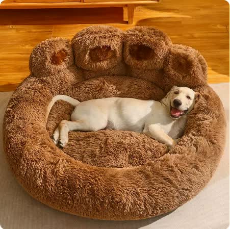 90CM Brown Plush Dog Bed with Paw Design