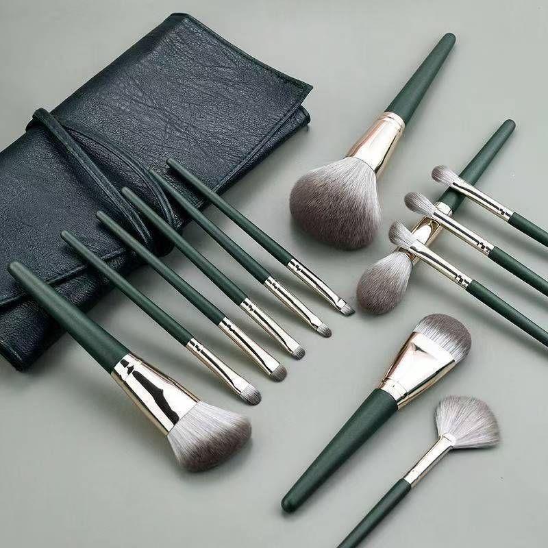 14-Piece Green Brush Storage BagSynthetic Fibre Makeup Brush Set - Soft Bristles, Long Handles