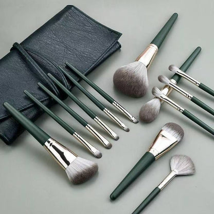 14-Piece Green Brush Storage BagSynthetic Fibre Makeup Brush Set - Soft Bristles, Long Handles