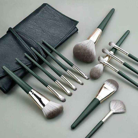 14-Piece Green Brush Storage BagSynthetic Fibre Makeup Brush Set - Soft Bristles, Long Handles
