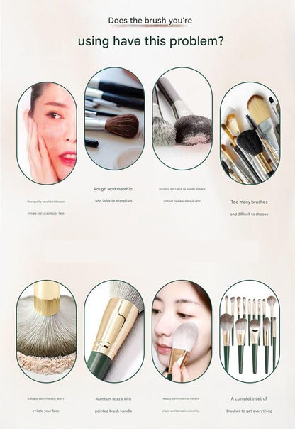 14-Piece Green Brush Storage BagSynthetic Fibre Makeup Brush Set - Soft Bristles, Long Handles