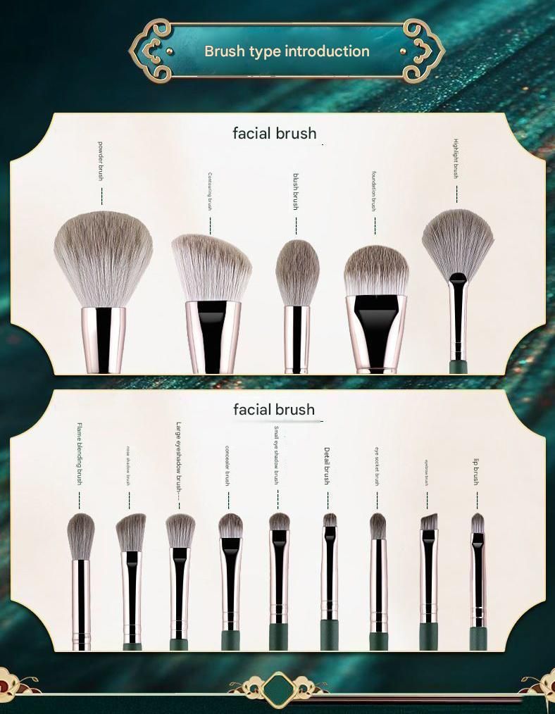 14-Piece Green Brush Storage BagSynthetic Fibre Makeup Brush Set - Soft Bristles, Long Handles