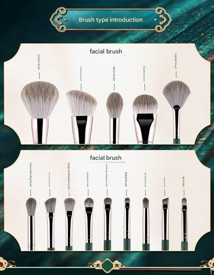 14-Piece Green Brush Storage BagSynthetic Fibre Makeup Brush Set - Soft Bristles, Long Handles