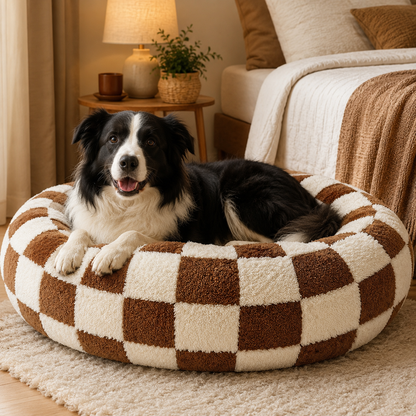 Medium Large Pet Donut Bed – Coffee Plaid
