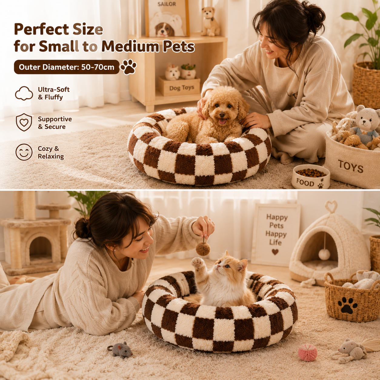 Medium Large Pet Donut Bed – Coffee Plaid