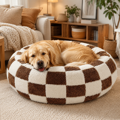 Medium Large Pet Donut Bed – Coffee Plaid