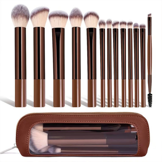 13-Piece Makeup Brush Set with Storage Pouch – Brown & Chrome