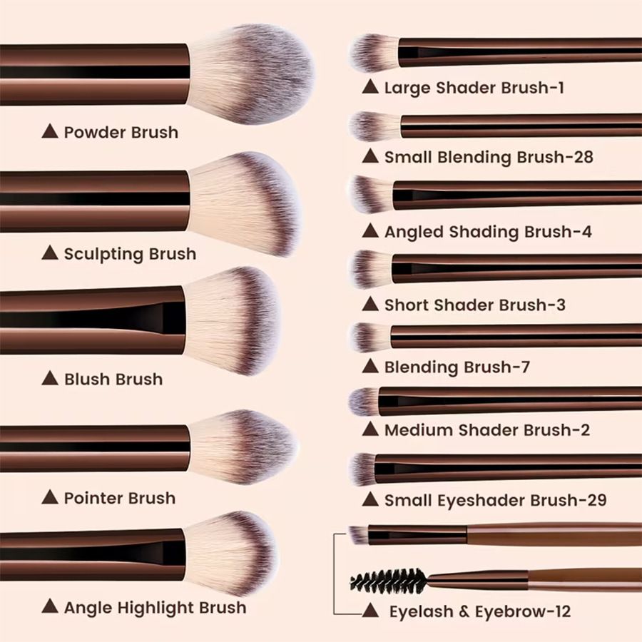 13-Piece Makeup Brush Set with Storage Pouch – Brown & Chrome