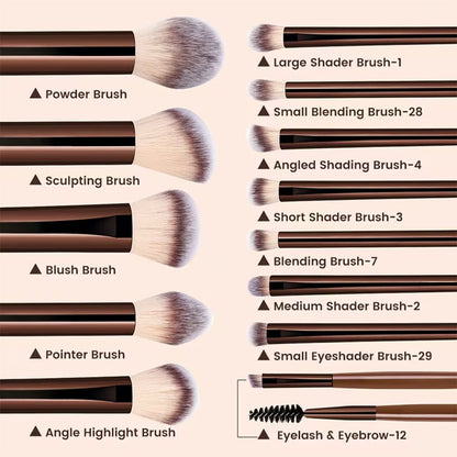 13-Piece Makeup Brush Set with Storage Pouch – Brown & Chrome