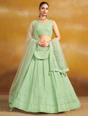 Women's Mint Green Thread Embroidered Georgette Lehenga Choli Set