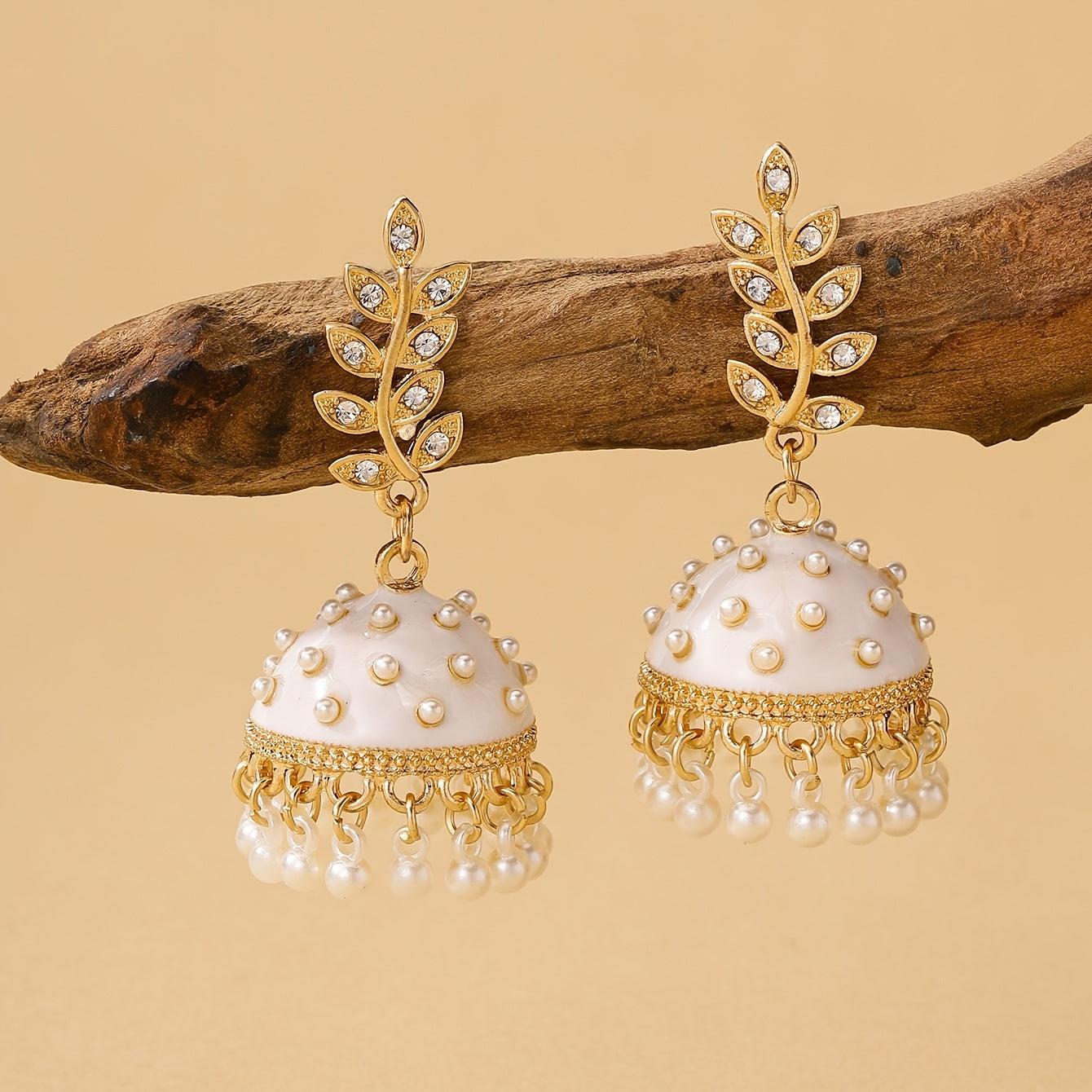 A Pair of Bohemian-style, Colorful Bollywood Indian-inspired -encrusted Leaf Pendants Paired with Millet Seed Beads