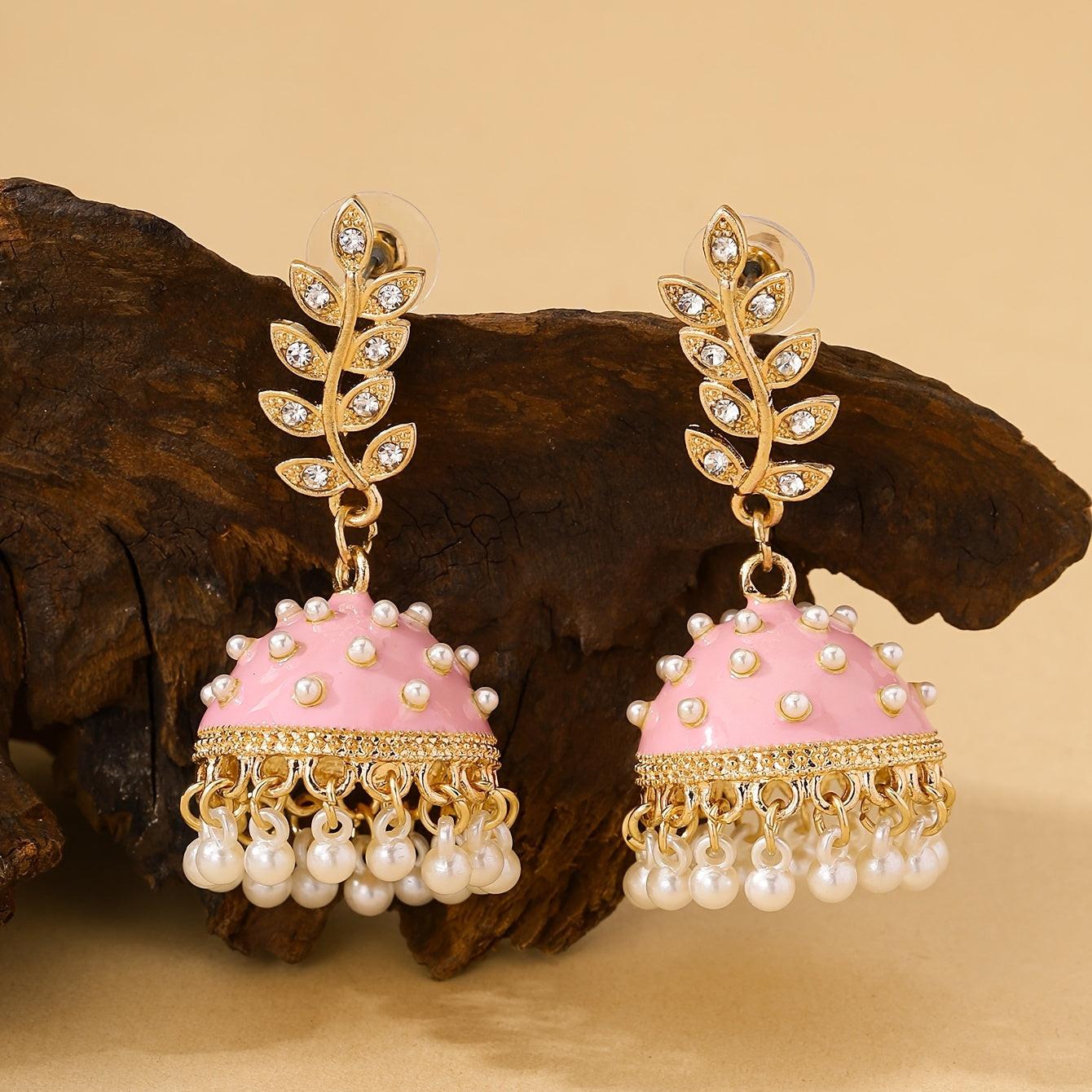 A Pair of Bohemian-style, Colorful Bollywood Indian-inspired -encrusted Leaf Pendants Paired with Millet Seed Beads