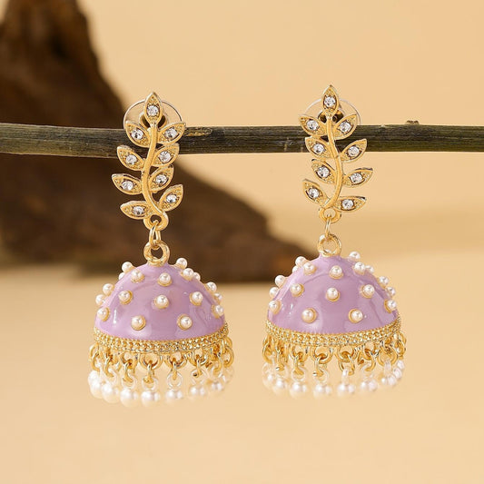 A Pair of Bohemian - style, Colorful Bollywood Indian - inspired - encrusted Leaf Pendants Paired with Millet Seed Beads