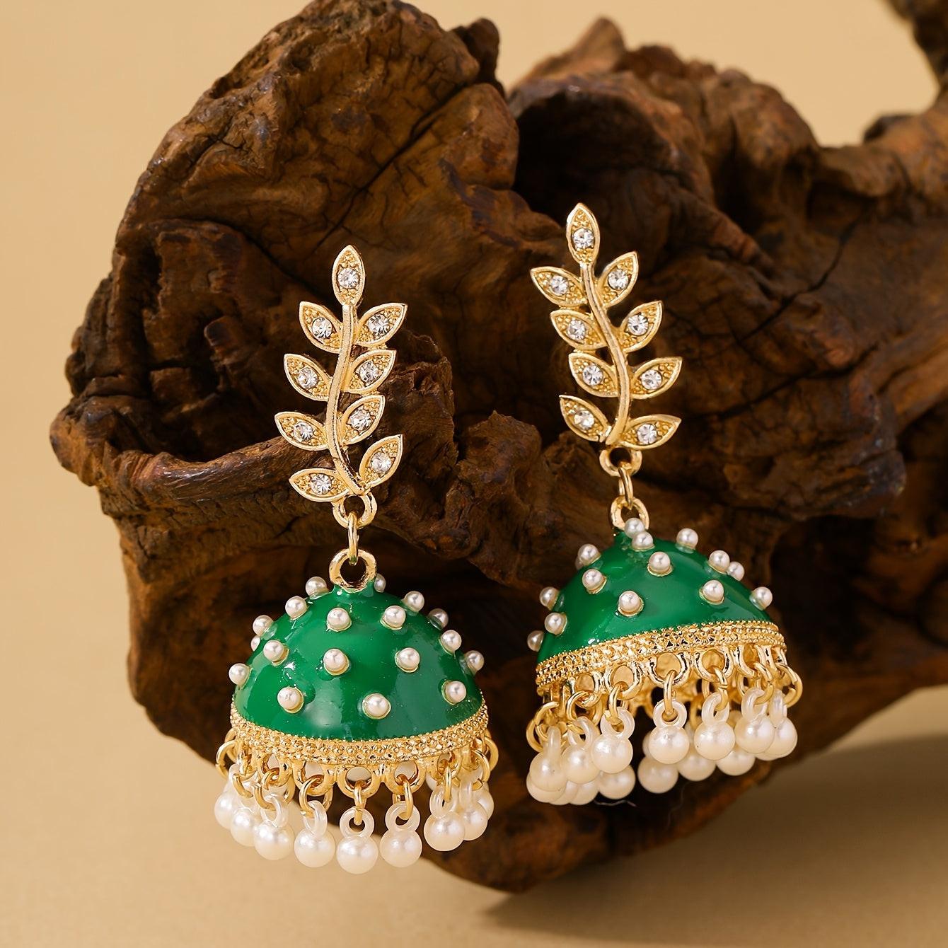 A Pair of Bohemian-style, Colorful Bollywood Indian-inspired -encrusted Leaf Pendants Paired with Millet Seed Beads