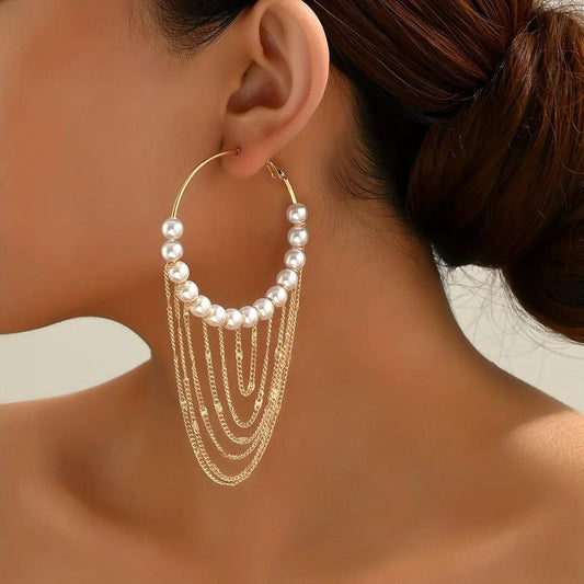 A Pair of Stylish Tassel Creative Imitation Pearl Hoop Earrings.