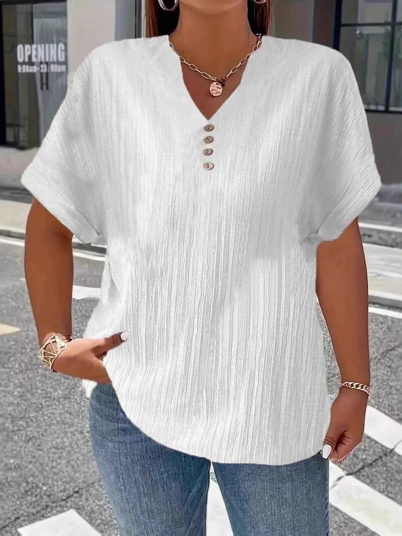 Plus Size Notched Short Sleeve Textured Top