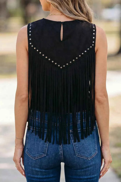 Western Fringe Rivet Paneling Bust Sleeveless Top