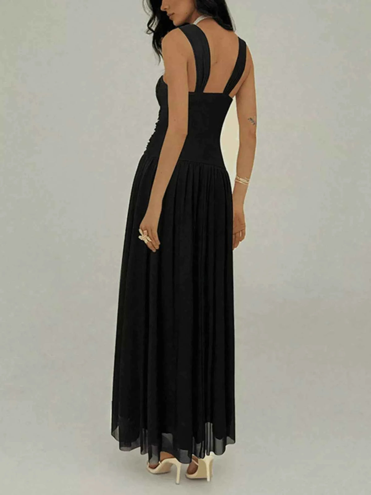 Ruched Sleeveless Maxi Dress with Embellishments