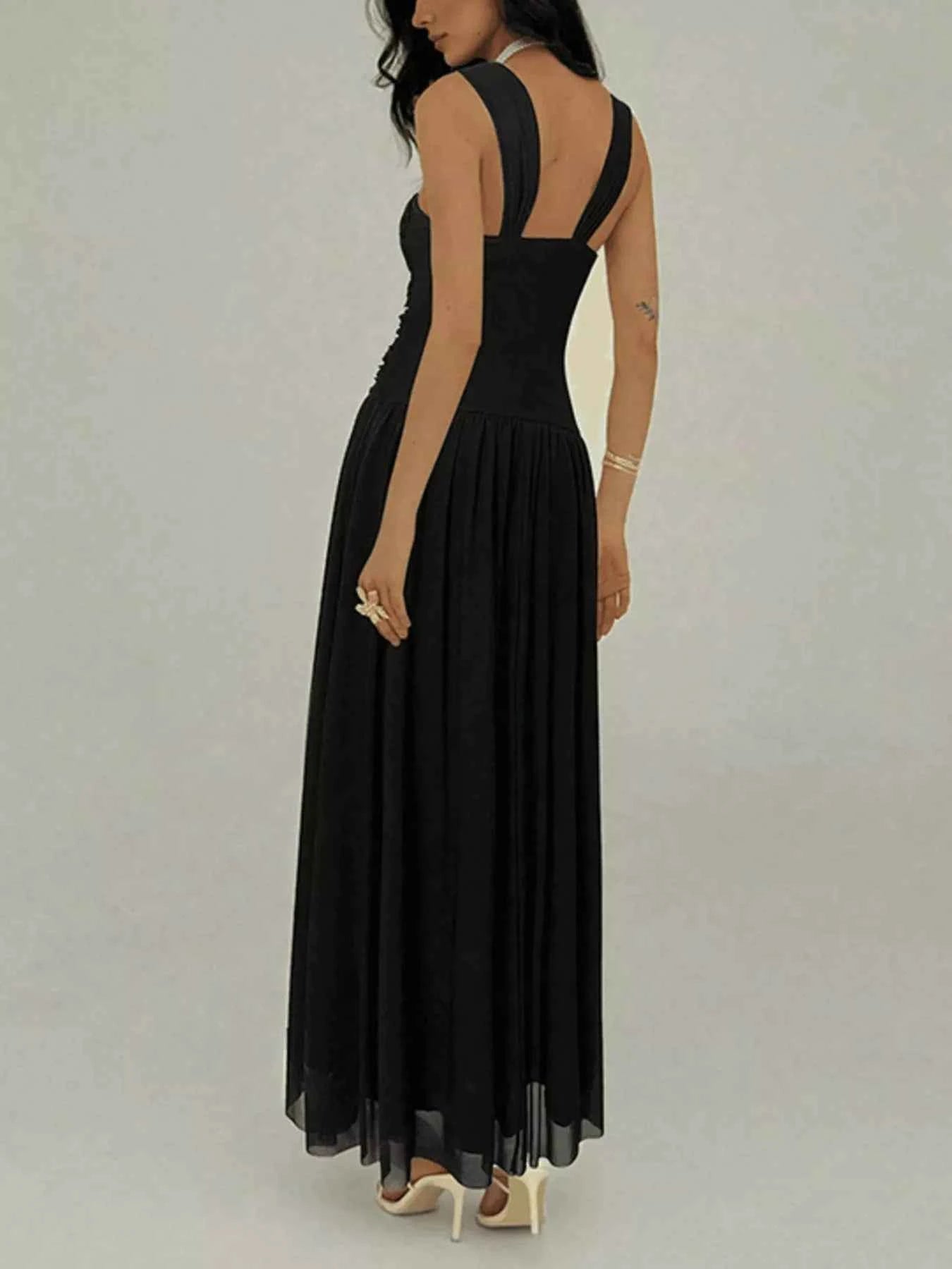 Ruched Sleeveless Maxi Dress with Embellishments