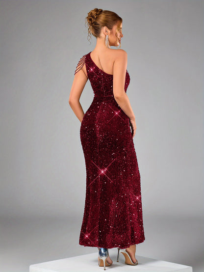 Asymmetrical Sequin Evening Gown