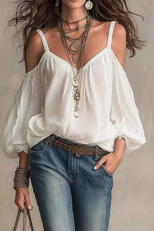 Cold Shoulder Balloon Sleeve Blouse