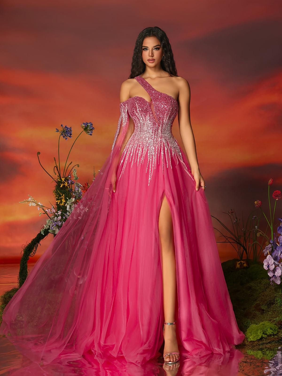 One-Shoulder Sequin A-Line Gown