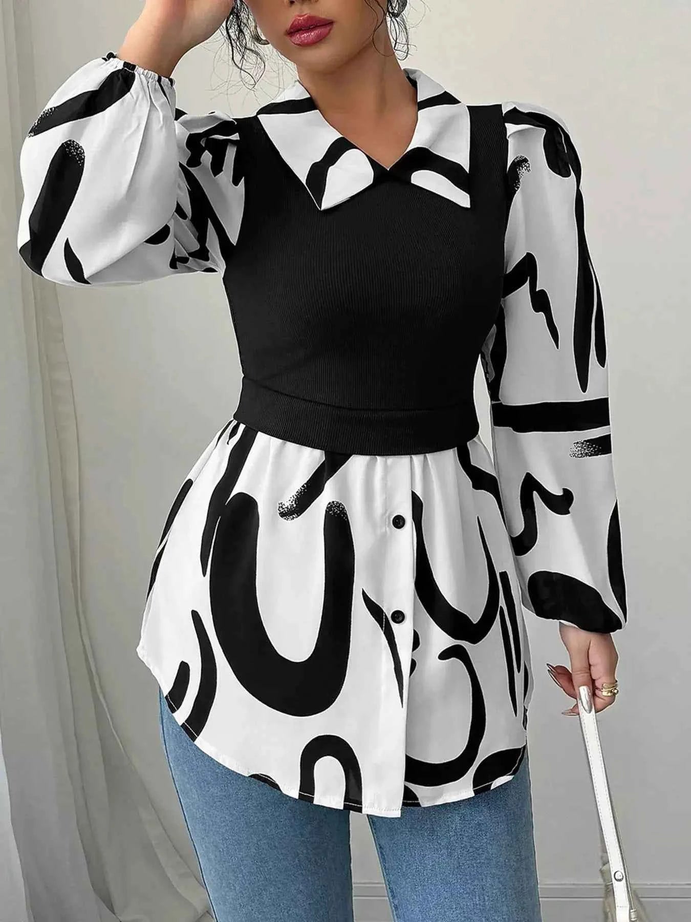 Abstract Print Long Sleeve Blouse