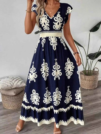 Ruffled Printed V-Neck Maxi Dress