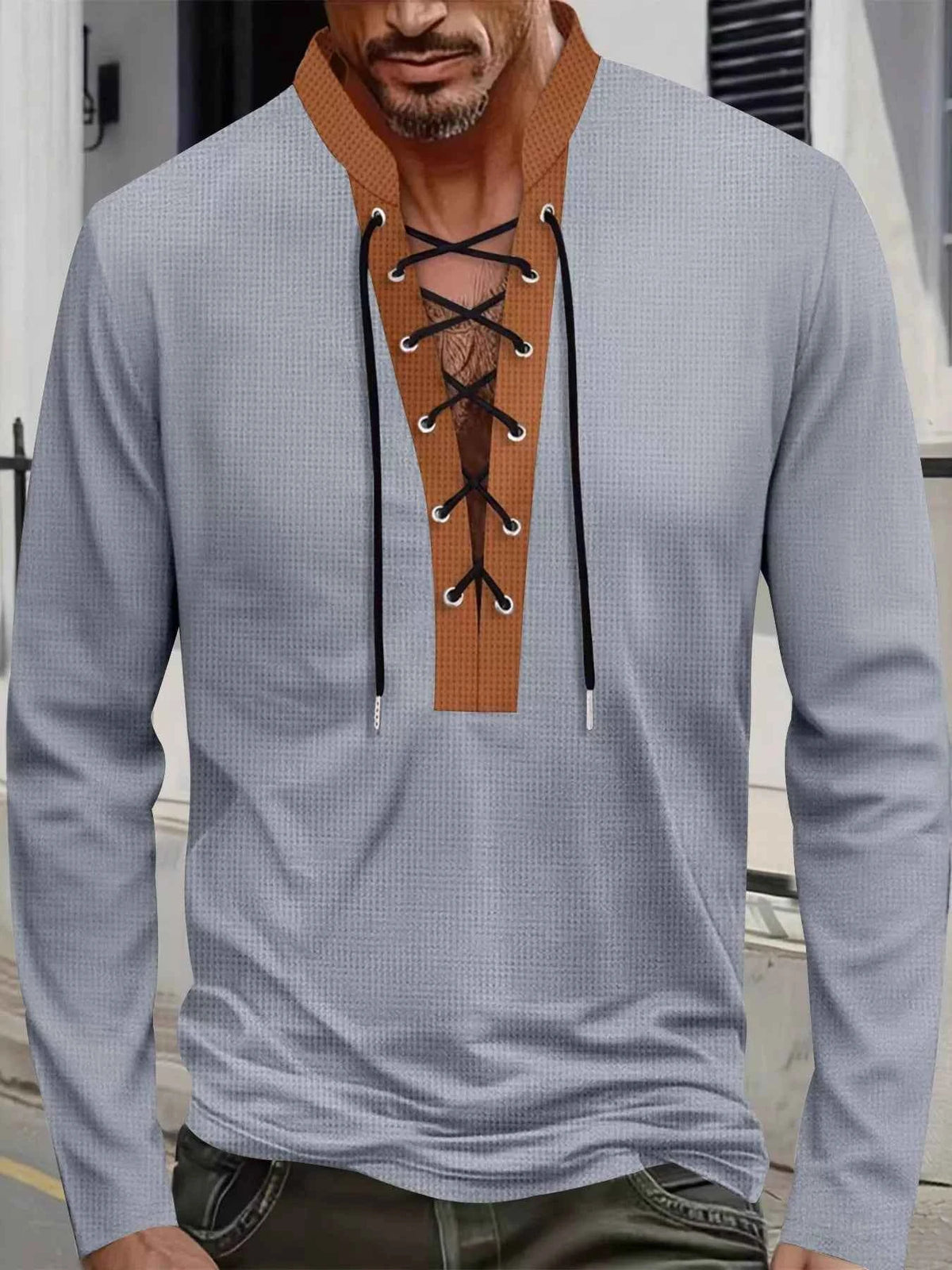 Men's Full Size Vintage Lace-Up Long Sleeve T-Shirt Plus Size