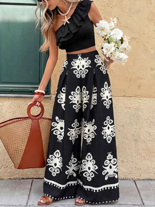 One-Shoulder Ruffled Crop Top and Wide-Leg Printed Pants Set